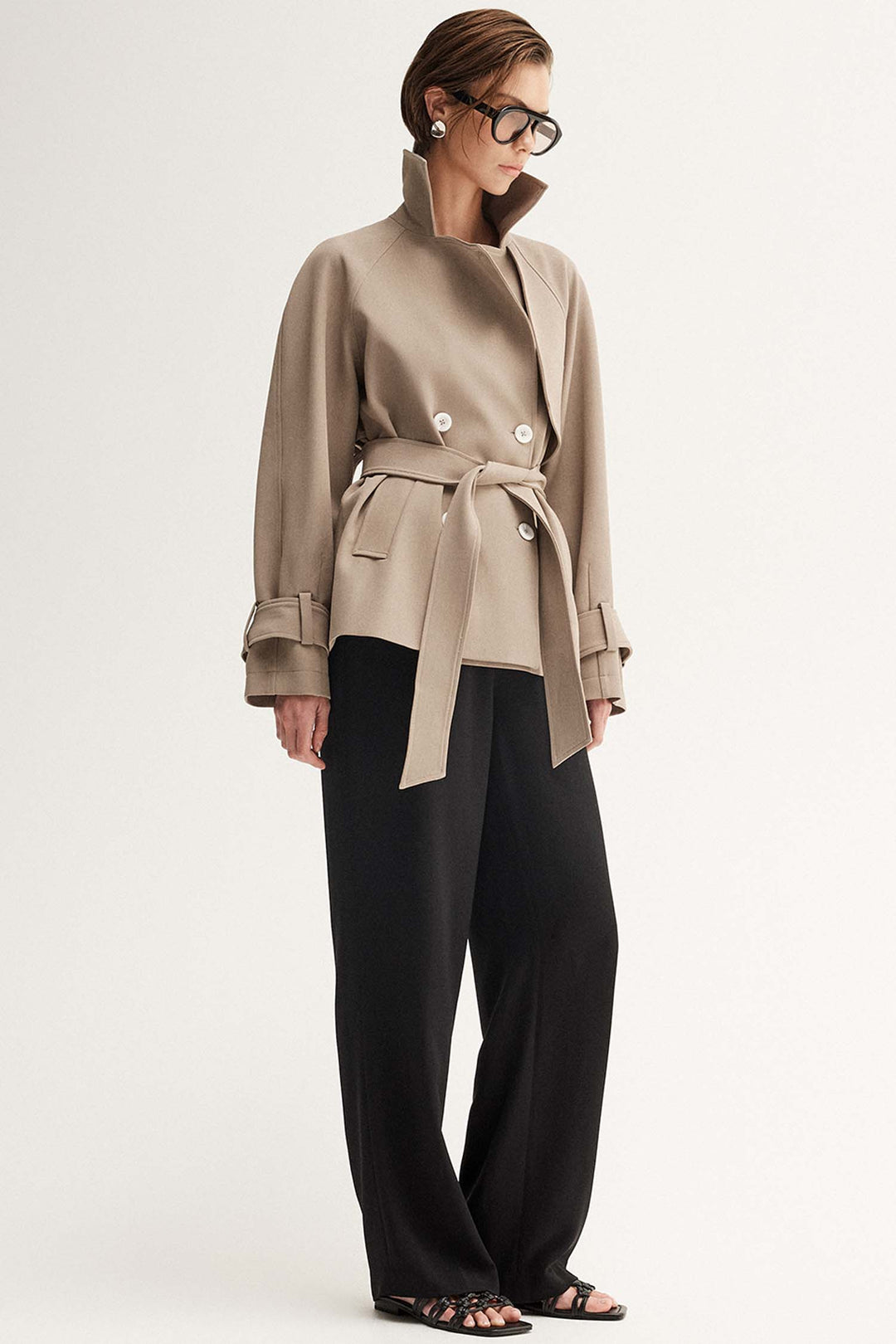 Selena Cropped Trench Coat in Taupe