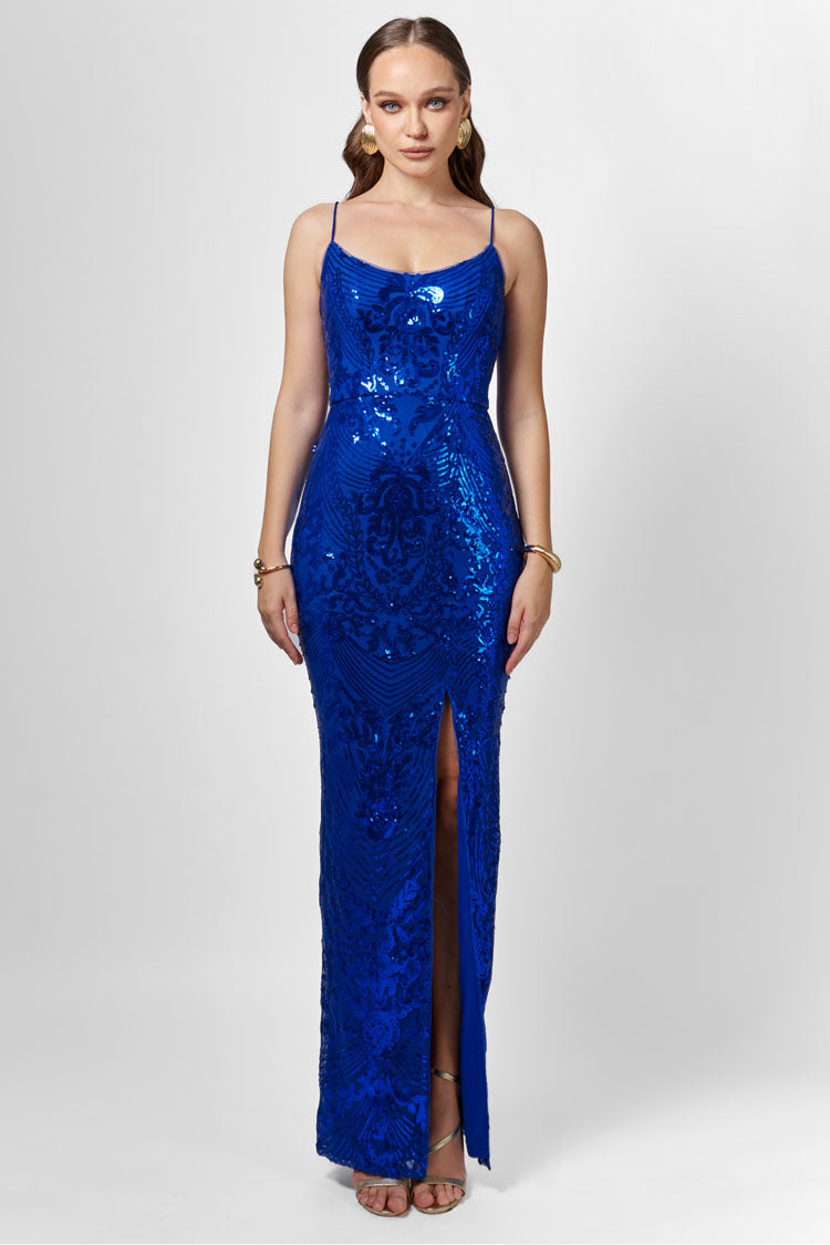 Sera Strappy Back Sequin Gown in Cobalt
