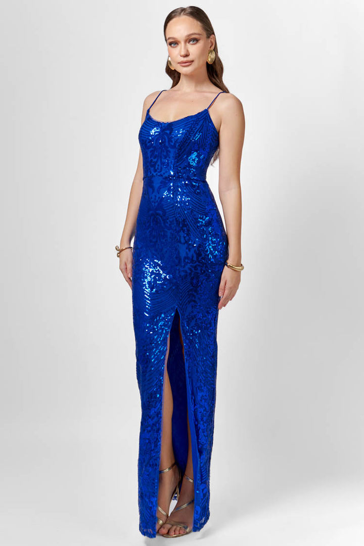 Sera Strappy Back Sequin Gown in Cobalt