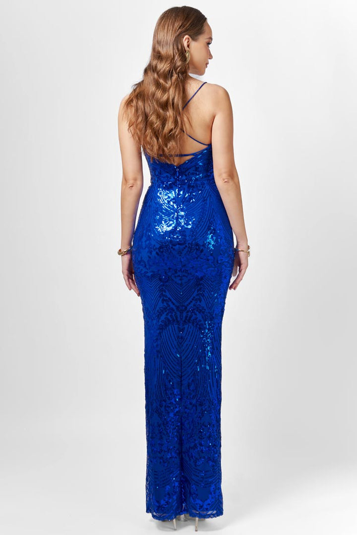 Sera Strappy Back Sequin Gown in Cobalt
