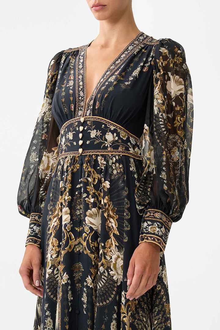 Shaped Waistband Dress with Gathered Sleeves in Flamenco Folklore