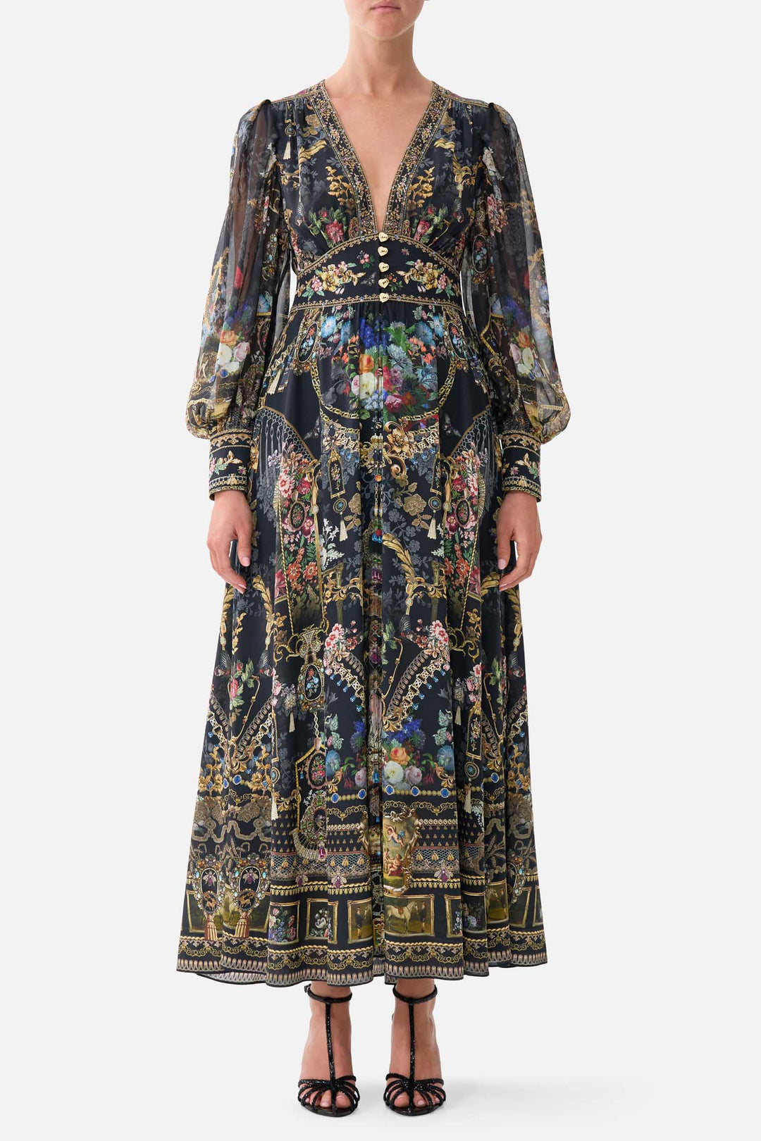Shaped Waistband Dress with Gathered Sleeves in Night Garden