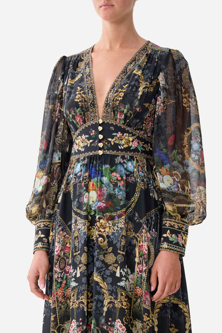 Shaped Waistband Dress with Gathered Sleeves in Night Garden