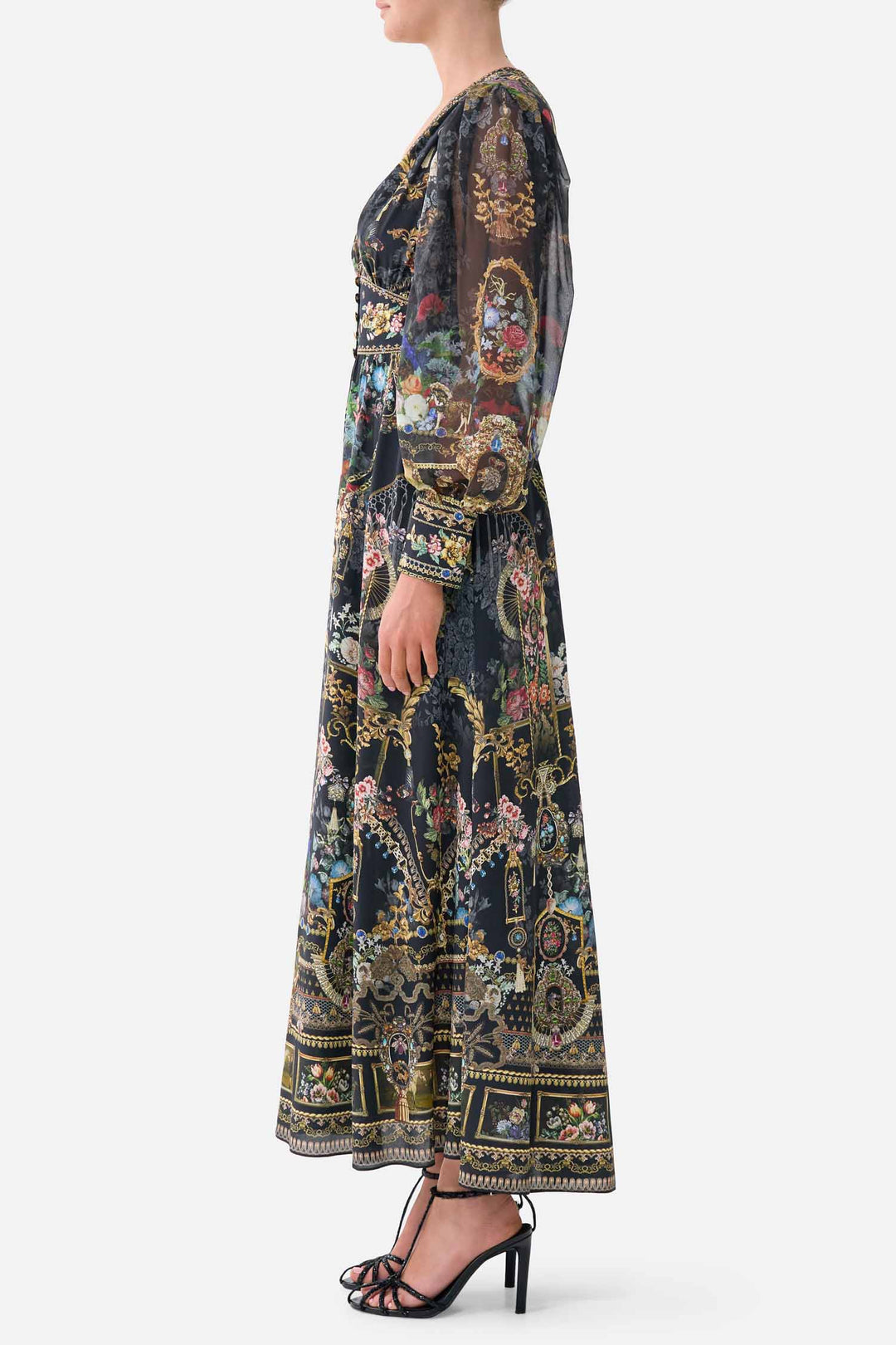 Shaped Waistband Dress with Gathered Sleeves in Night Garden