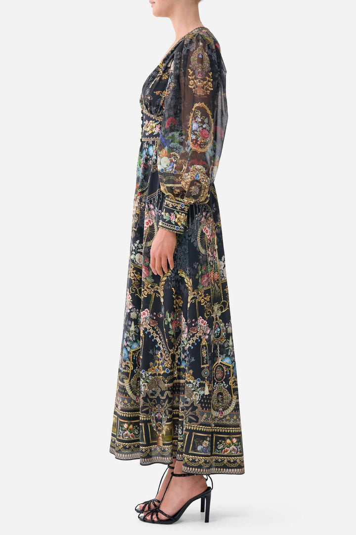 Shaped Waistband Dress with Gathered Sleeves in Night Garden