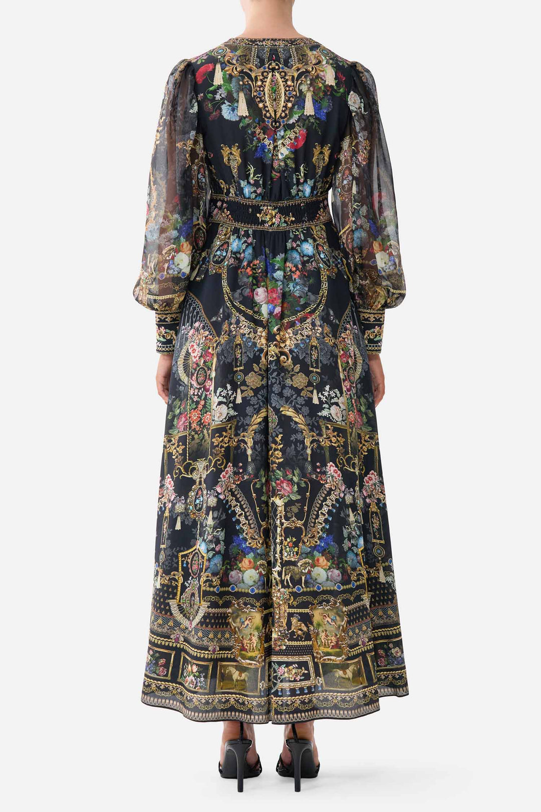 Shaped Waistband Dress with Gathered Sleeves in Night Garden