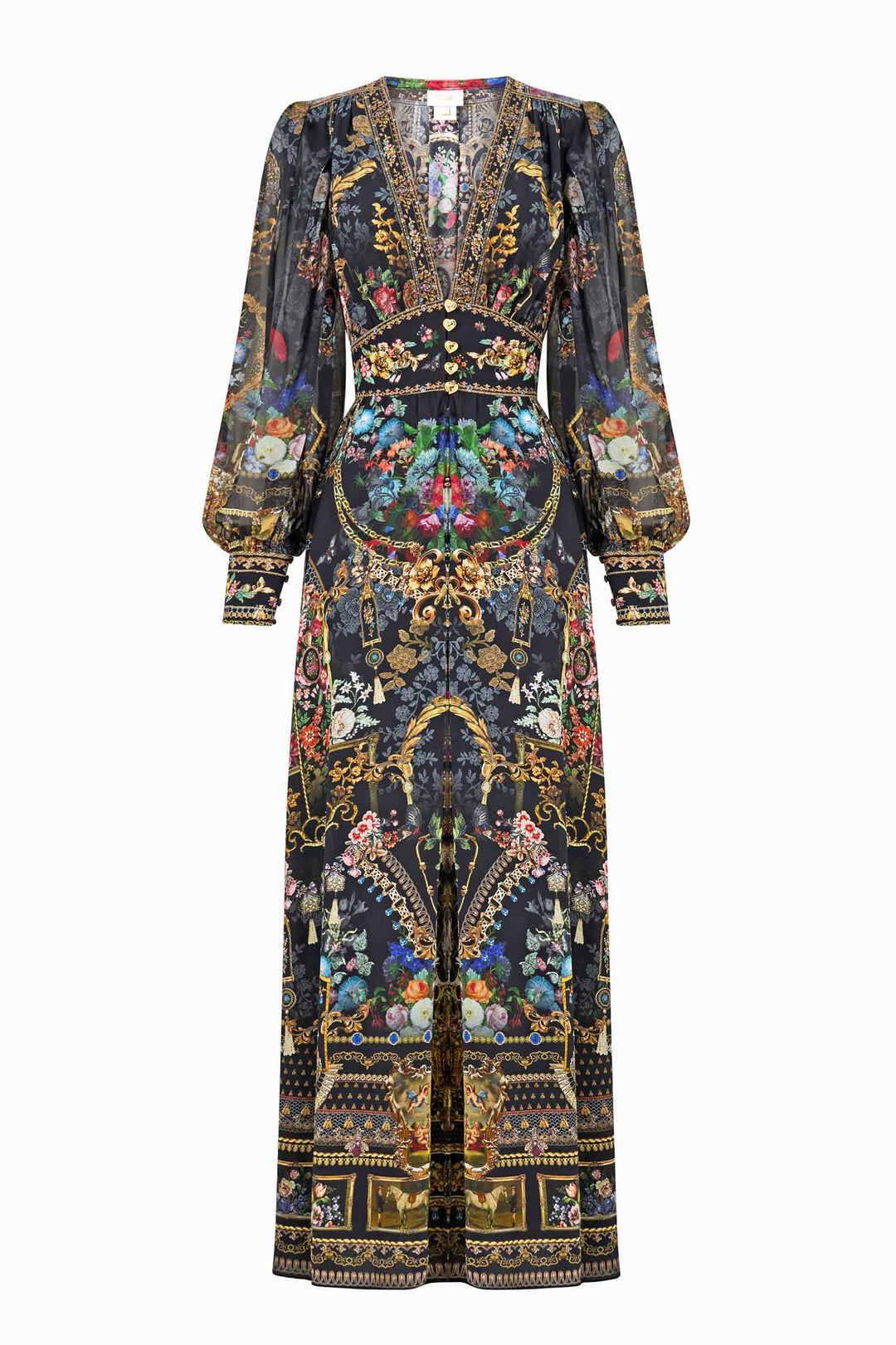 Shaped Waistband Dress with Gathered Sleeves in Night Garden