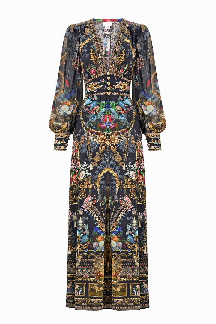 Shaped Waistband Dress with Gathered Sleeves in Night Garden