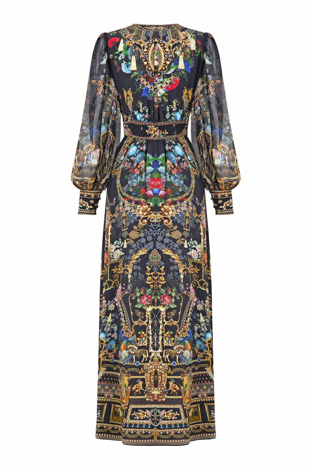 Shaped Waistband Dress with Gathered Sleeves in Night Garden