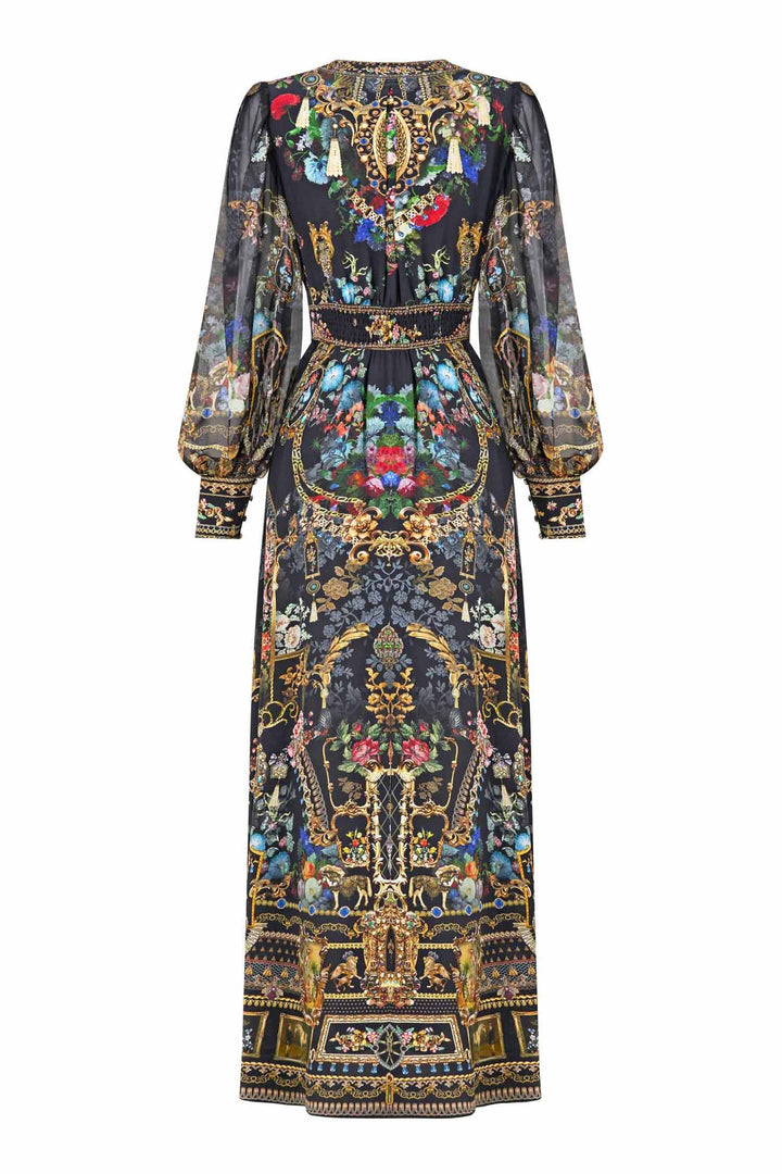 Shaped Waistband Dress with Gathered Sleeves in Night Garden