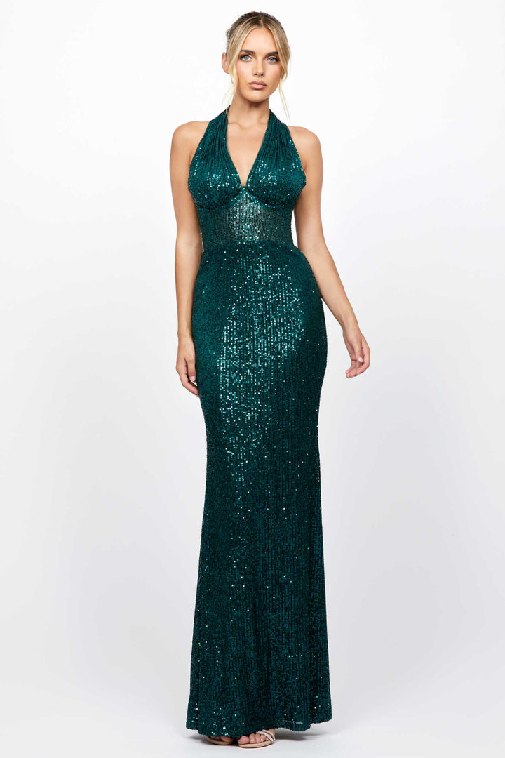 Shaylyn Sequin Halter Gown in Emerald