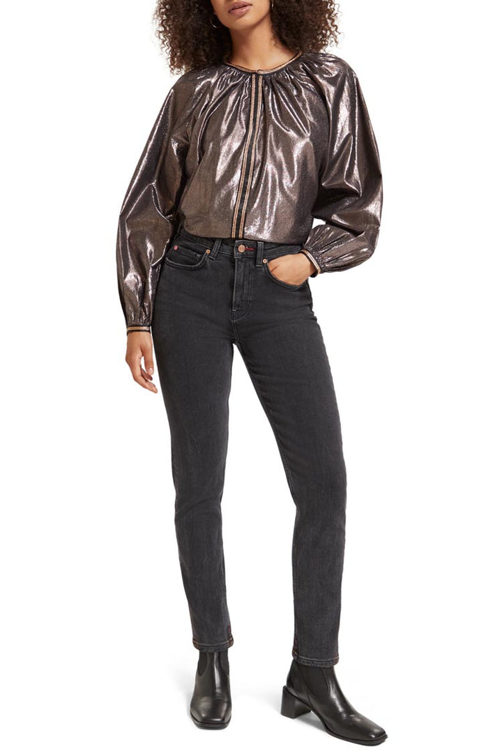Shiny Balloon Sleeve Embroidered Blouse | FINAL SALE