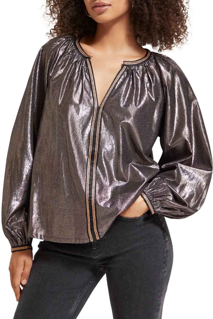 Shiny Balloon Sleeve Embroidered Blouse | FINAL SALE