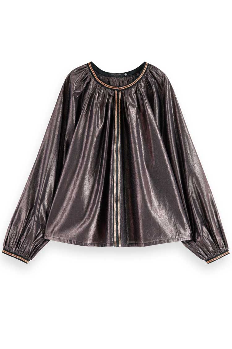 Shiny Balloon Sleeve Embroidered Blouse | FINAL SALE