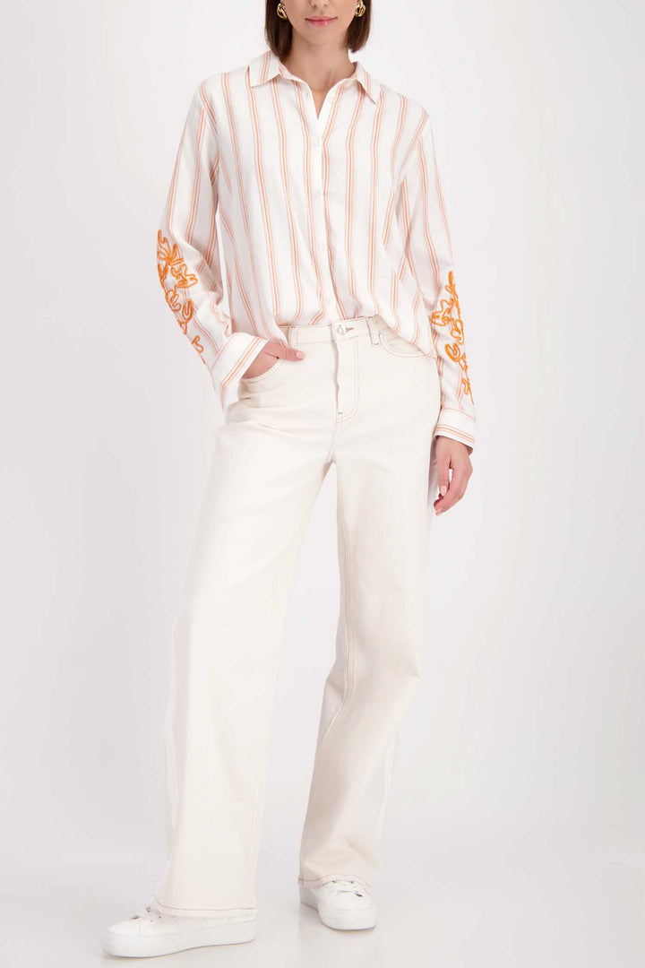 Shirt w Arm Detail in Orange Beige Pinstripe