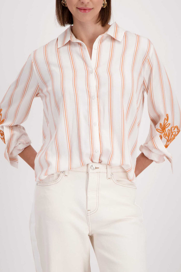 Shirt w Arm Detail in Orange Beige Pinstripe