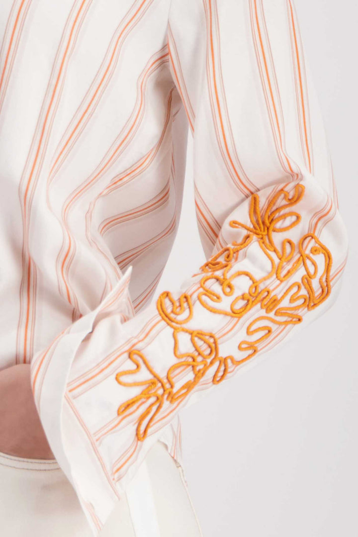 Shirt w Arm Detail in Orange Beige Pinstripe
