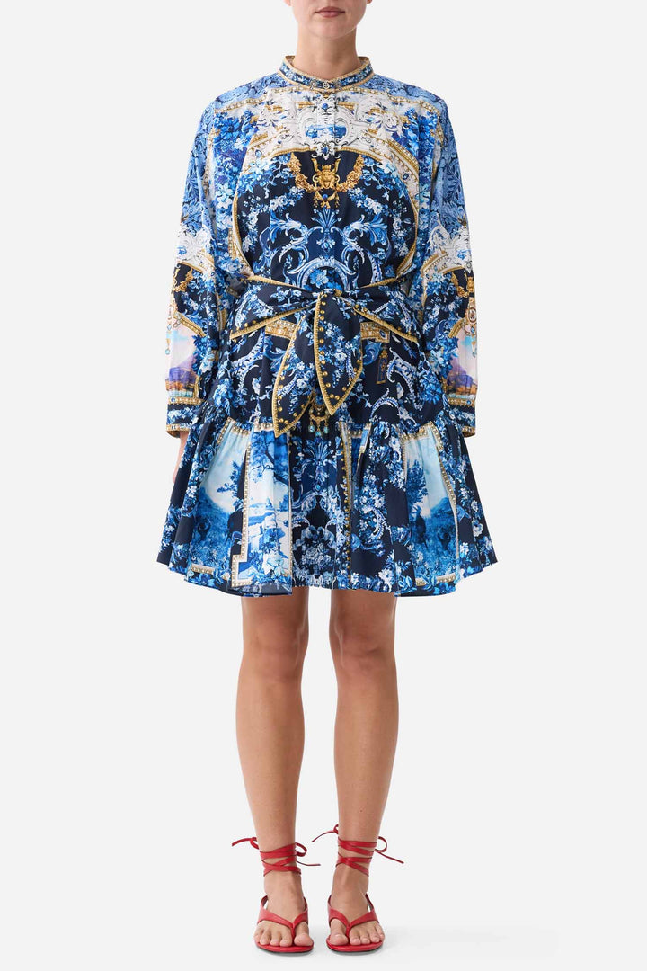 Short Tiered Shirtdress with Wide Waist Tie in Sweet Sacre Bleu