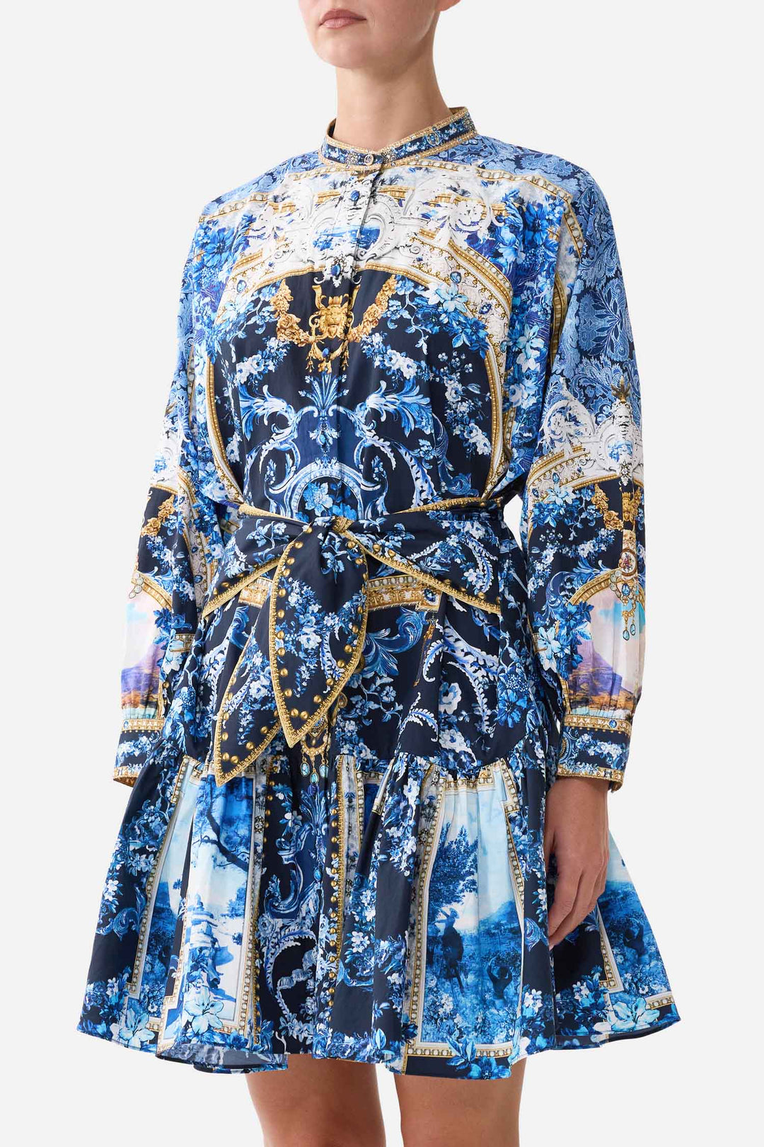 Short Tiered Shirtdress with Wide Waist Tie in Sweet Sacre Bleu