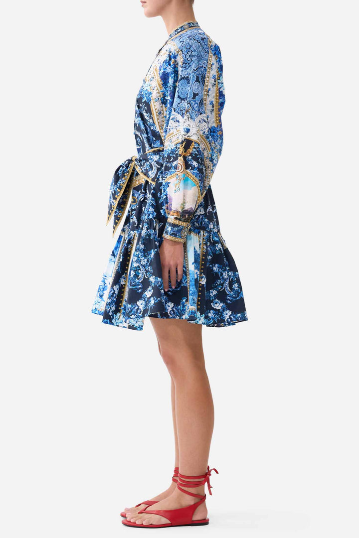 Short Tiered Shirtdress with Wide Waist Tie in Sweet Sacre Bleu