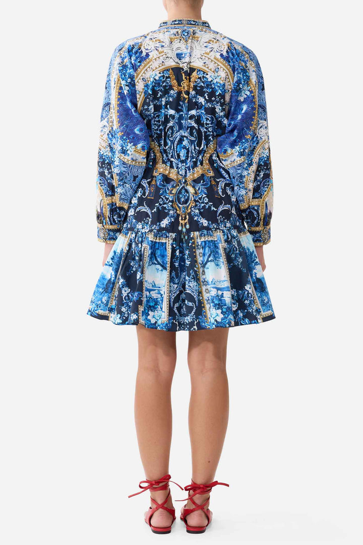 Short Tiered Shirtdress with Wide Waist Tie in Sweet Sacre Bleu