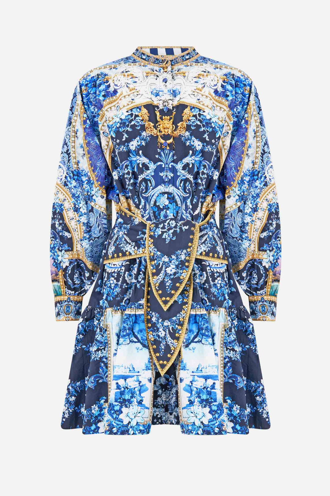 Short Tiered Shirtdress with Wide Waist Tie in Sweet Sacre Bleu