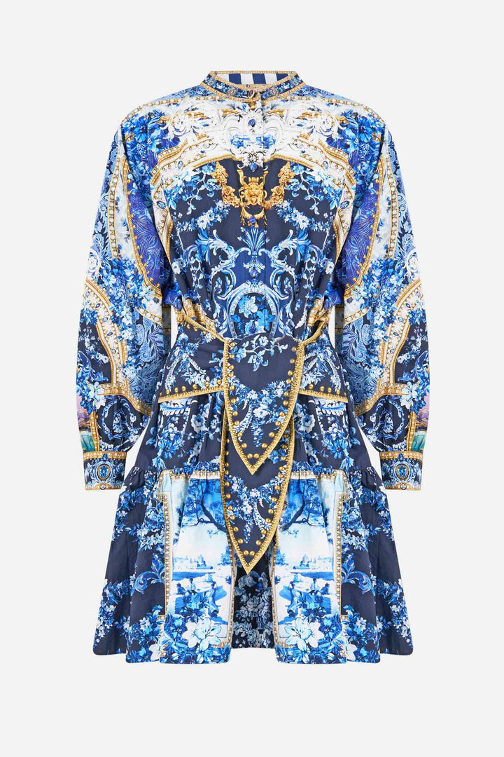 Short Tiered Shirtdress with Wide Waist Tie in Sweet Sacre Bleu