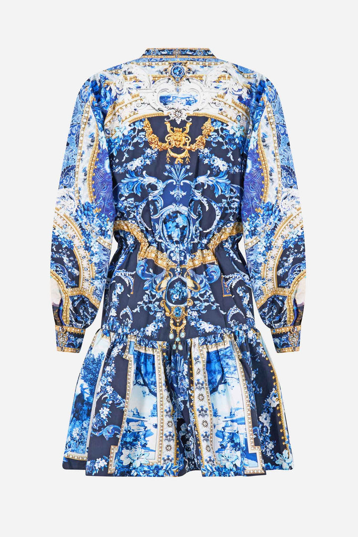 Short Tiered Shirtdress with Wide Waist Tie in Sweet Sacre Bleu