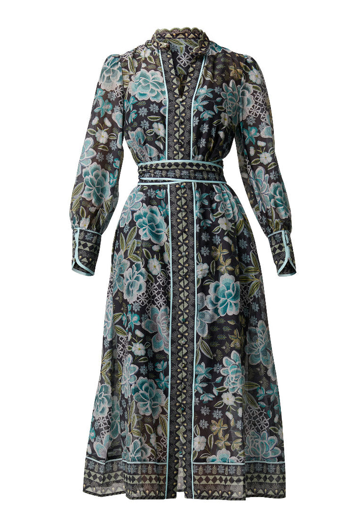 Sienna Contrast Trim Midi Dress in Dahlia Fields