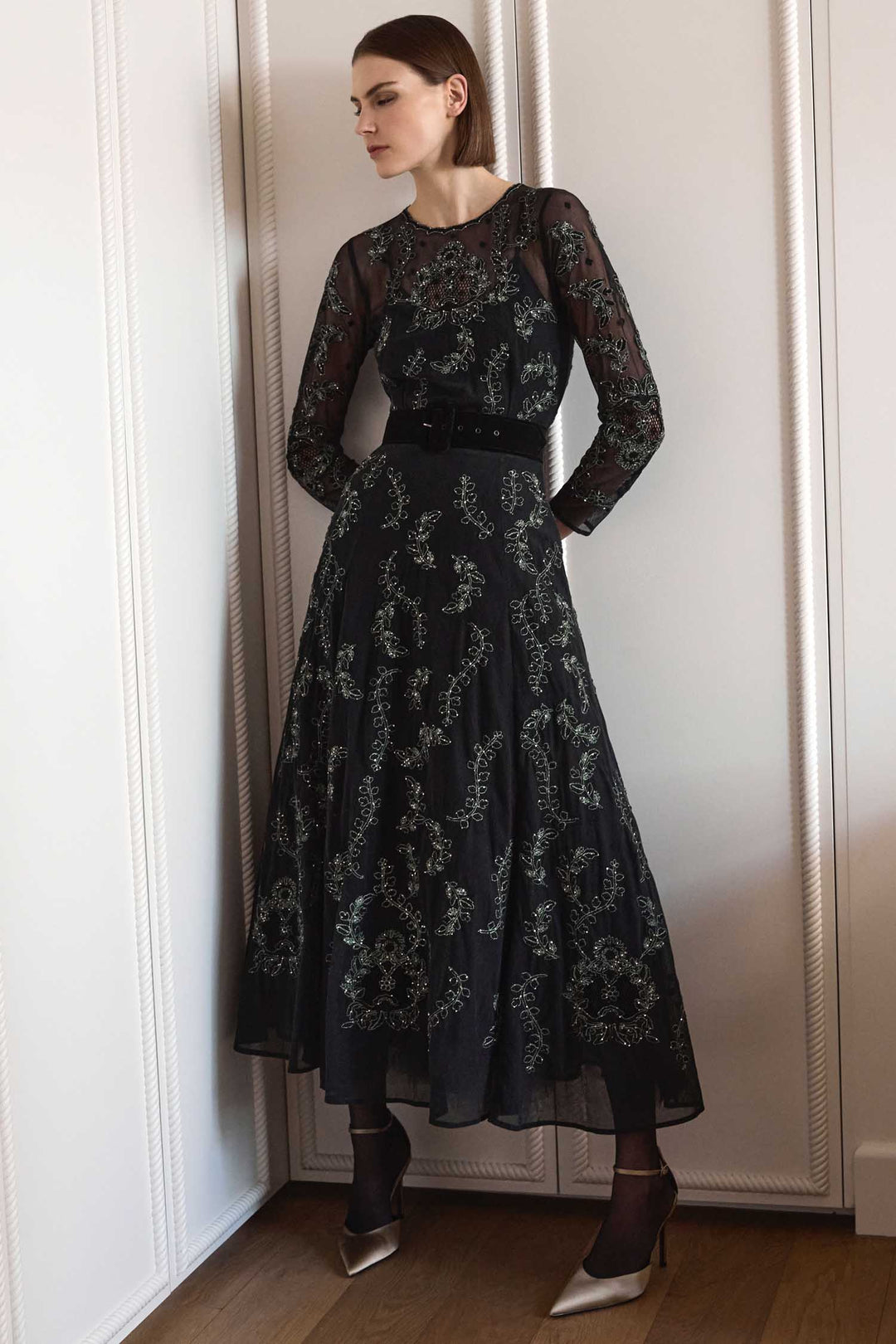 Simone A-Line Dress in Emerald Black