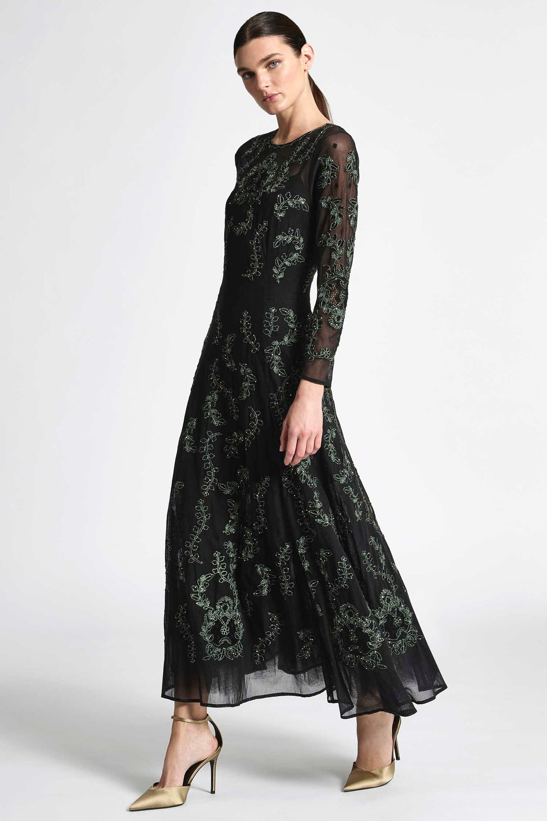 Simone A-Line Dress in Emerald Black