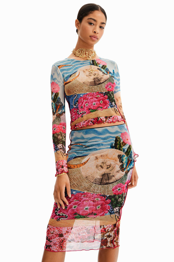 Slim Tulle Printed Midi Skirt