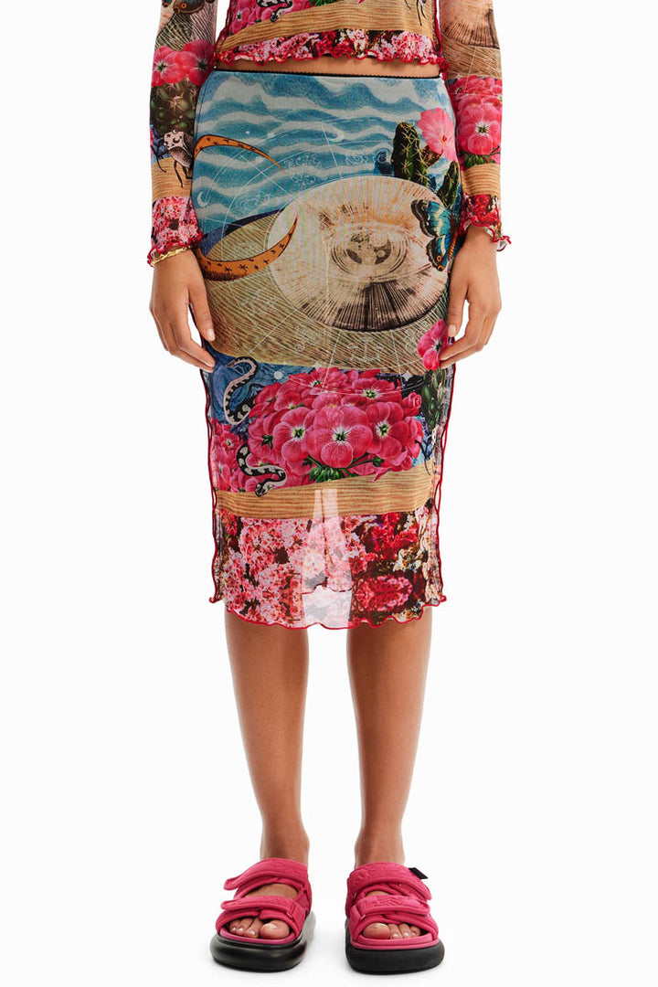 Slim Tulle Printed Midi Skirt