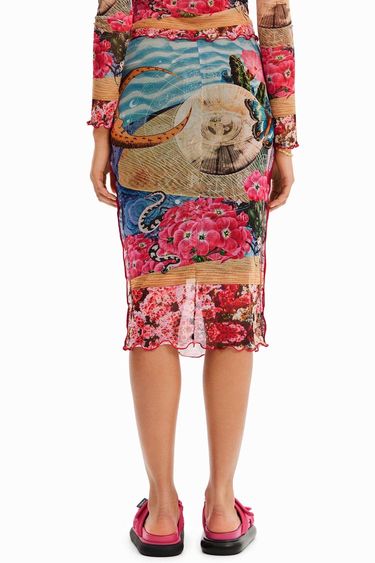 Slim Tulle Printed Midi Skirt