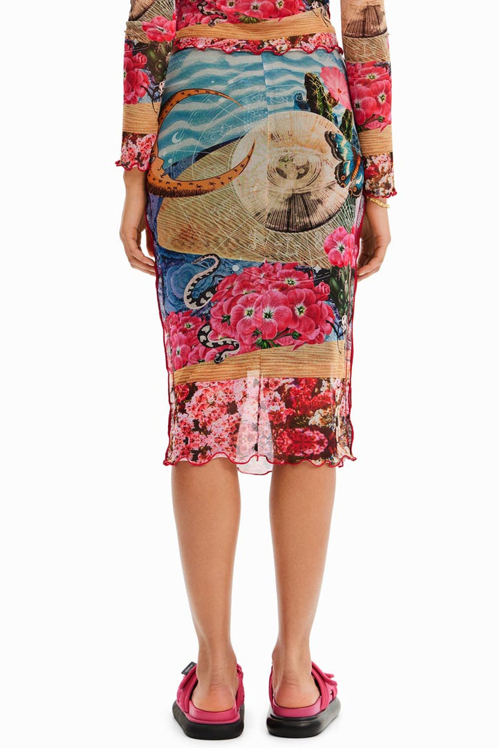 Slim Tulle Printed Midi Skirt