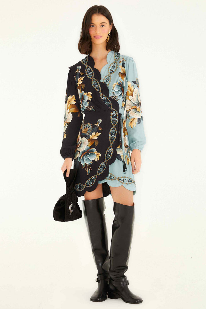 Snake Garden Mix Wrap Wavy LS Mini Dress