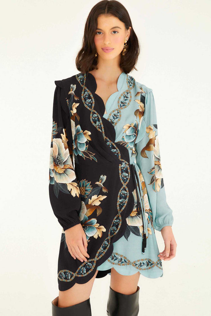 Snake Garden Mix Wrap Wavy LS Mini Dress