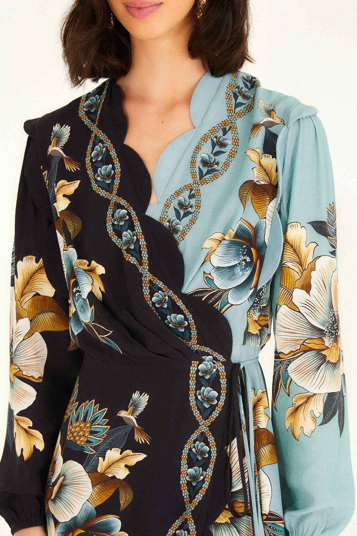 Snake Garden Mix Wrap Wavy LS Mini Dress
