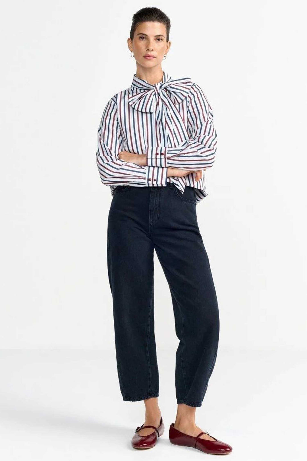 Striped Blouse with Bow in Midnight Blue