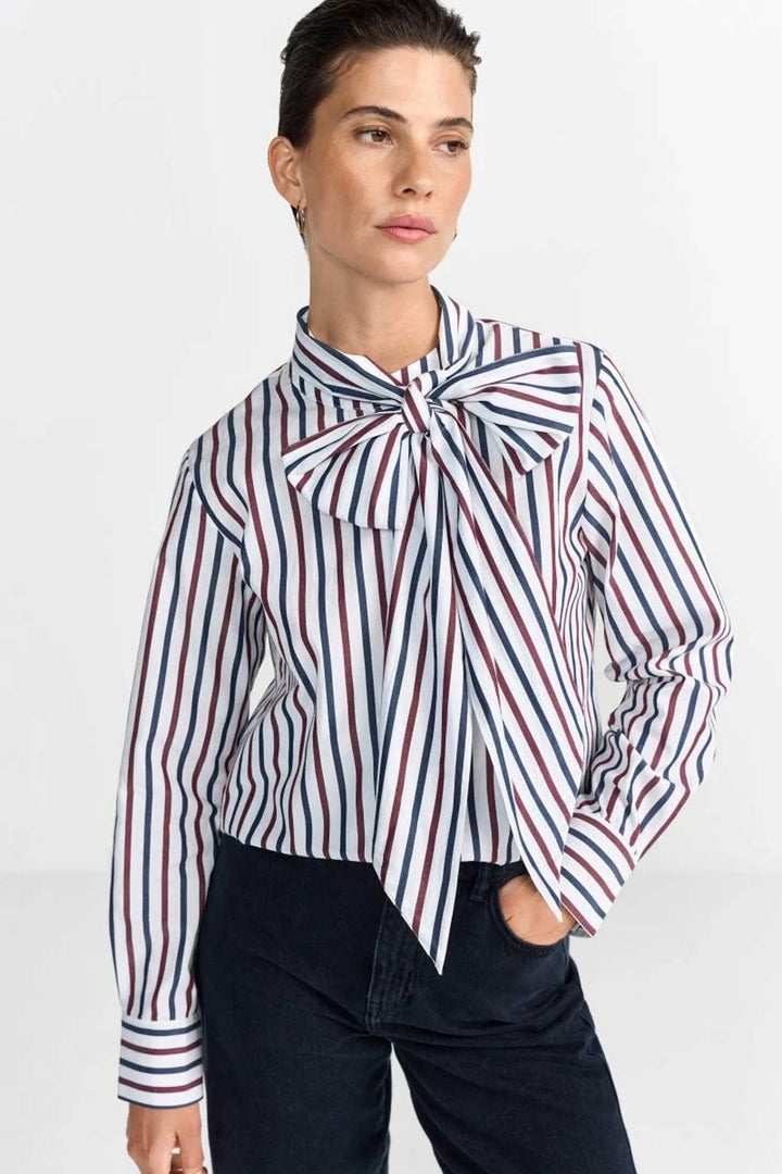 Striped Blouse with Bow in Midnight Blue
