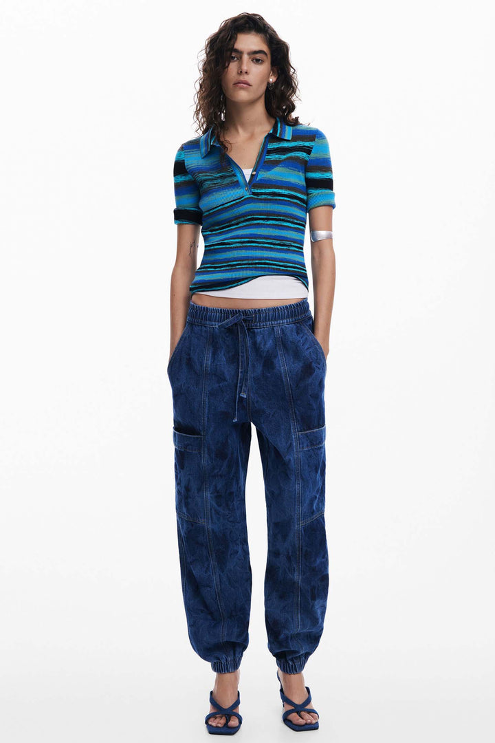 Striped Knit Polo Shirt in Azul Mineral