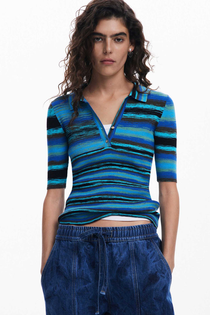 Striped Knit Polo Shirt in Azul Mineral