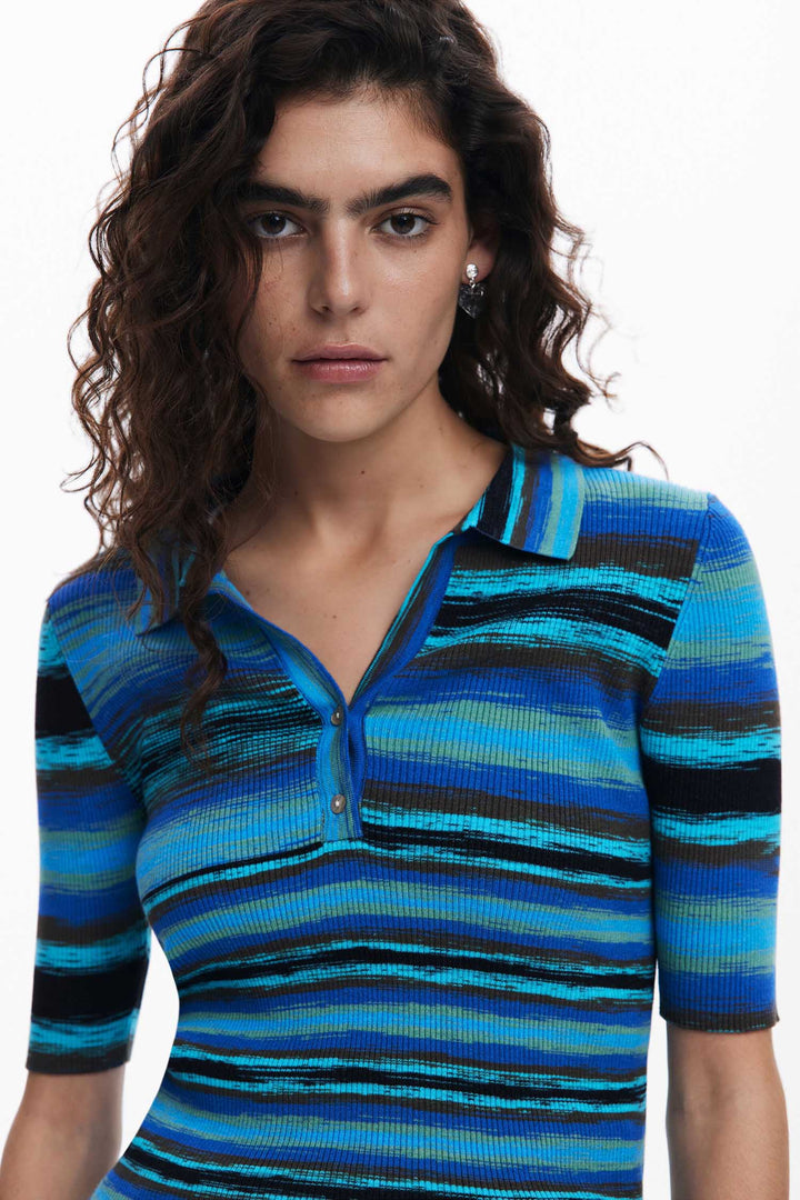 Striped Knit Polo Shirt in Azul Mineral