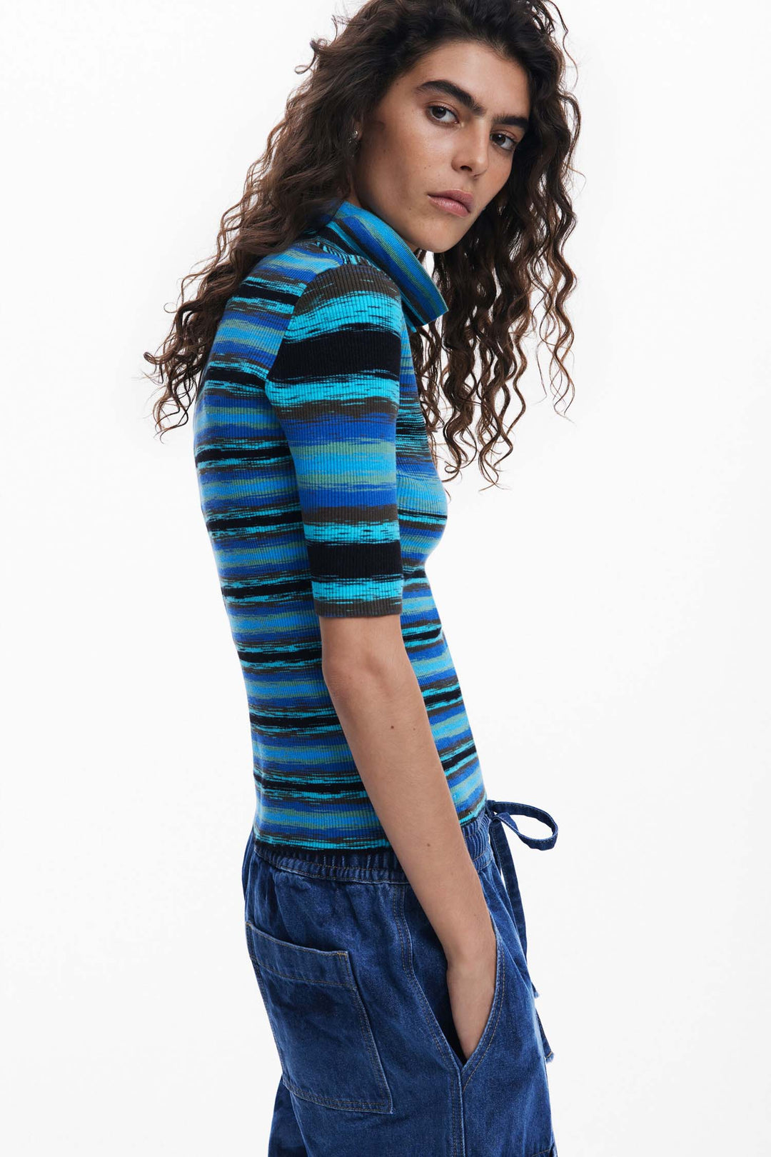 Striped Knit Polo Shirt in Azul Mineral