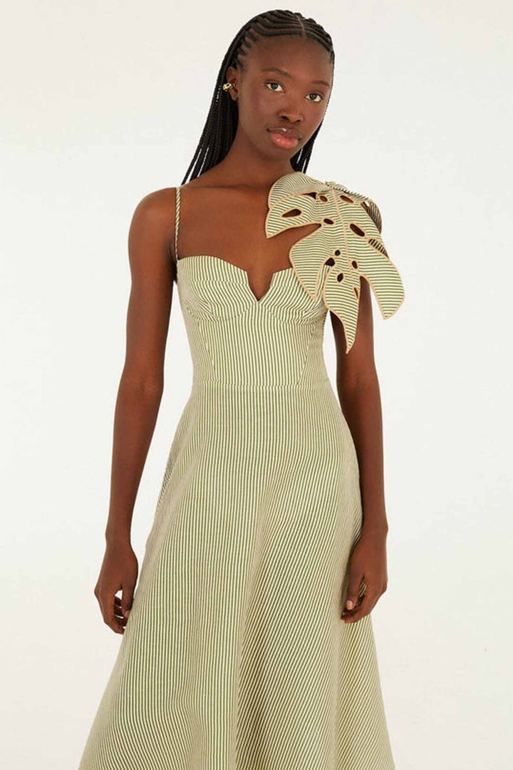 Striped Monstera Leaf Sleeveless Midi Dress in Green