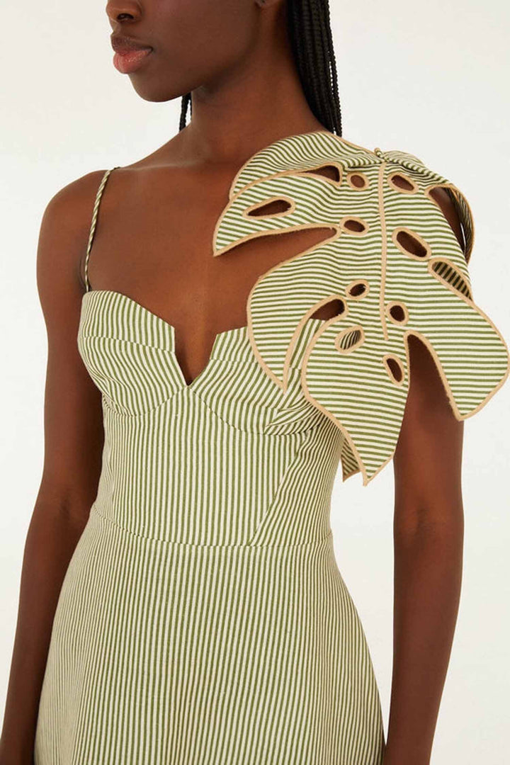 Striped Monstera Leaf Sleeveless Midi Dress in Green