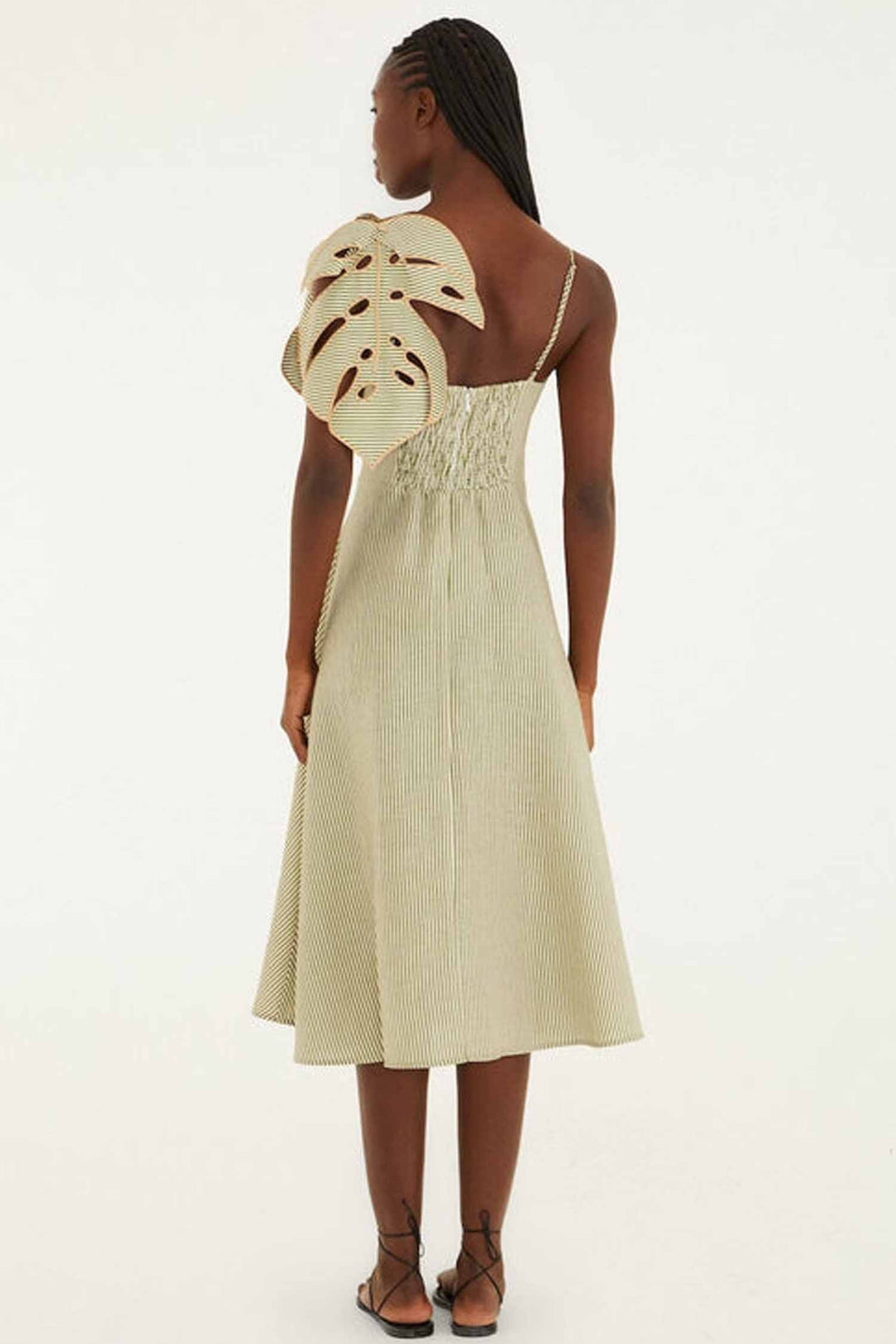 Striped Monstera Leaf Sleeveless Midi Dress in Green