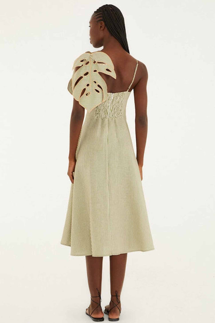Striped Monstera Leaf Sleeveless Midi Dress in Green