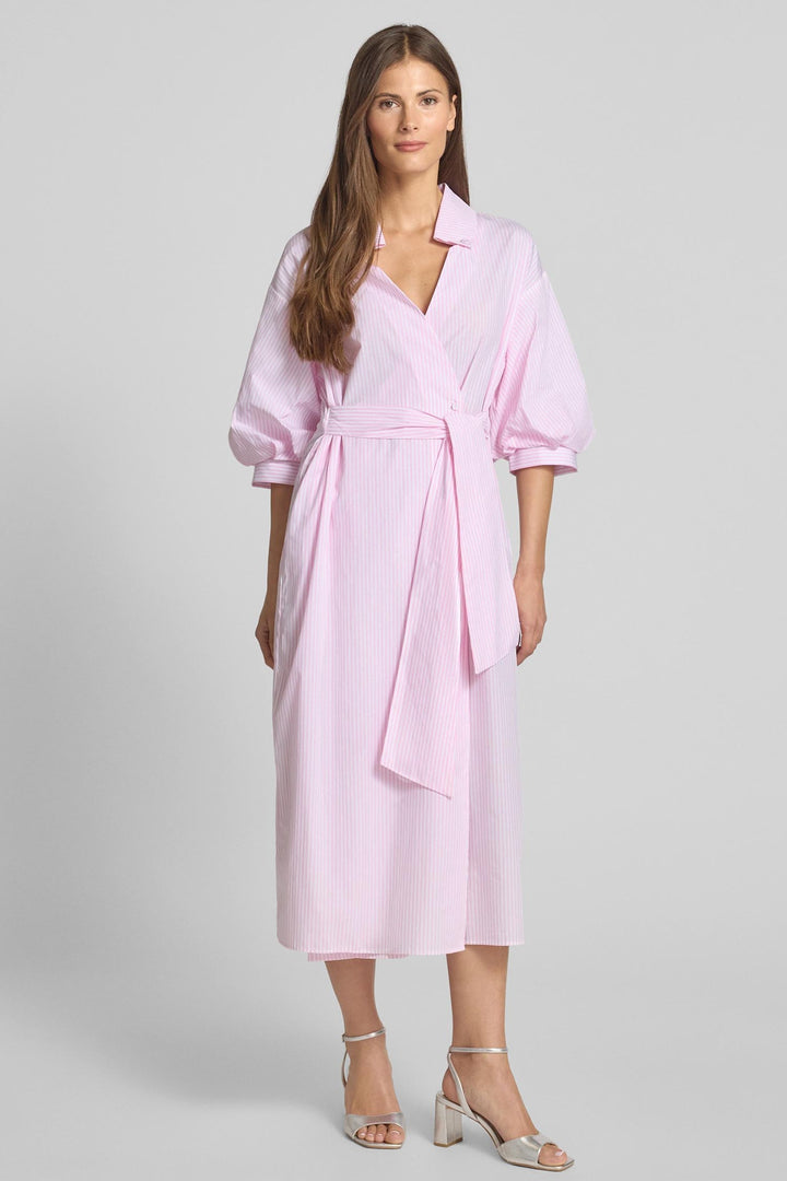 Striped Shirt Dress w Balloon Sleeves in Bubblegum Pink