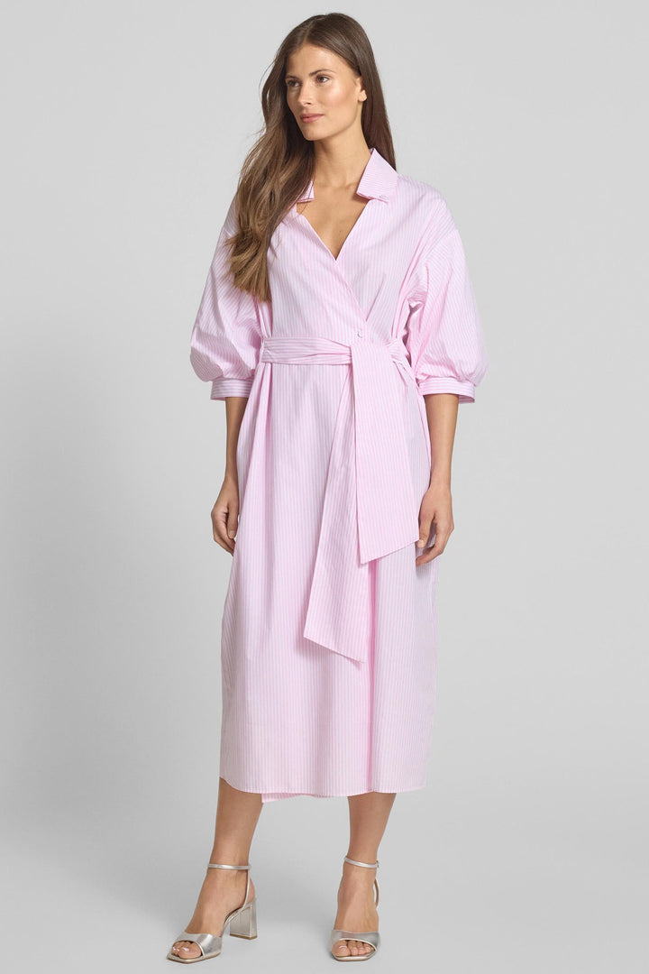 Striped Shirt Dress w Balloon Sleeves in Bubblegum Pink